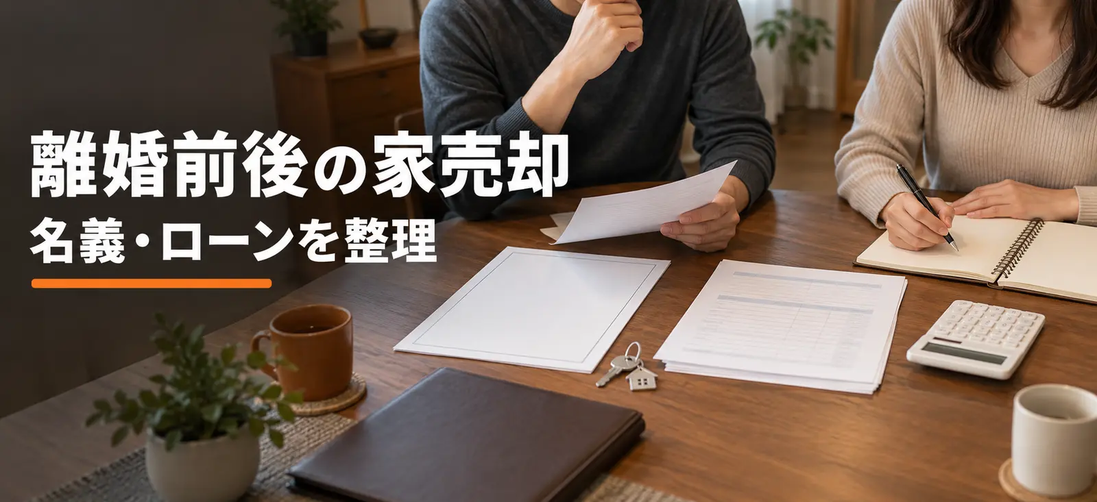 離婚前後の自宅売却について、二人が登記資料、住宅ローン資料、鍵を整理する説明用イメージ画像。実際のお客様や取引物件ではありません