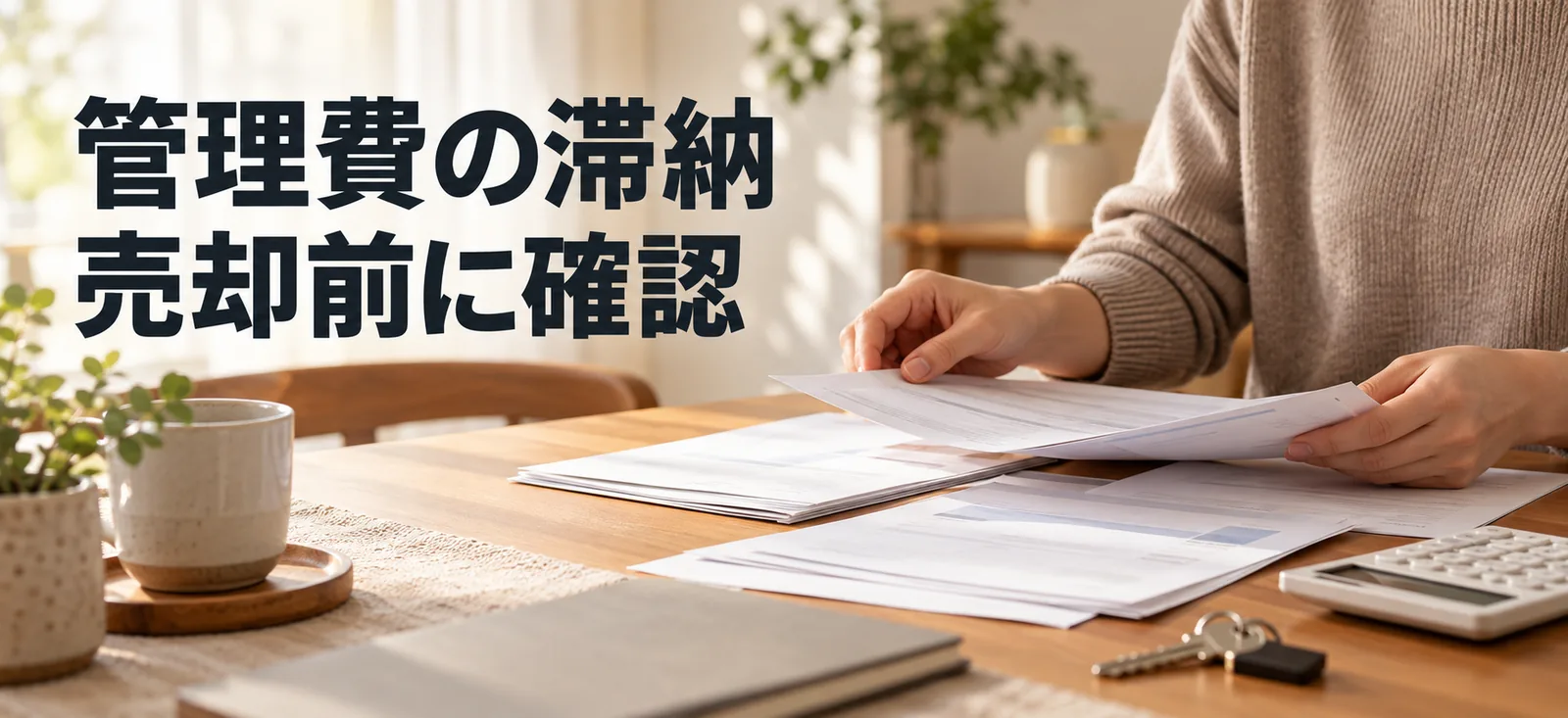 管理費の未納を確認するため書類を並べる手元の説明用イメージ。実際のお客様や取引物件の写真ではありません