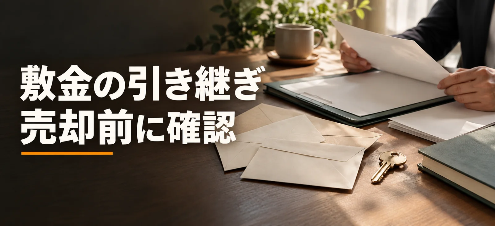 賃貸中物件の敷金引継ぎを考えるために書類と鍵を並べた説明用イメージ。実際の取引物件やお客様の写真ではありません