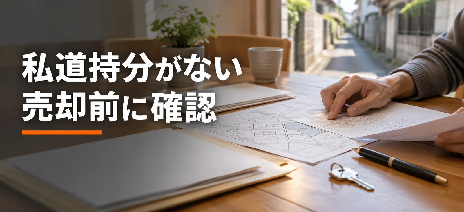 私道に面する家の売却資料を机上で確認する説明用イメージ。実際の取引物件やお客様ではありません