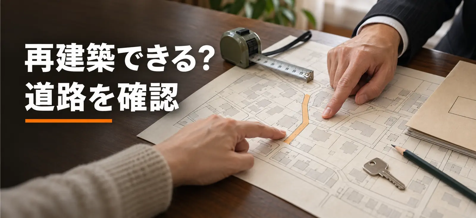 住宅地図とメジャー、鍵を見ながら接道を確認する説明用イメージ画像。実際のお客様や取引物件ではありません